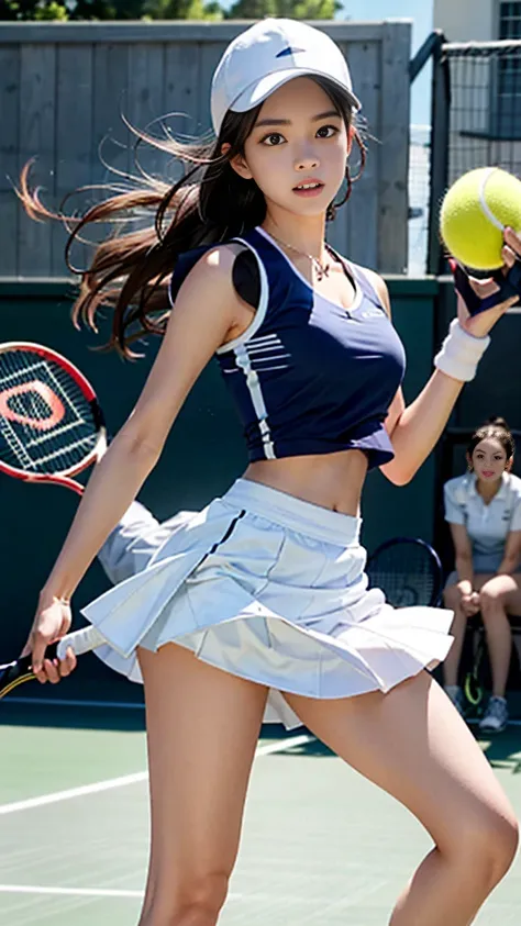 A young woman dark long hair , 
medium shot ,
wearing a pastel blue tennis uniform, white tennis cap , white skirt , sleeveless, show her hip , 
pose in tennis court , In her hand, she holds a tennis racket,
Sunlight is shining down, Creating a lively, cut...