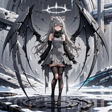 masterpiece, highest quality, highest resolution, clear_image, detailed details, gray hair, long hair, 1 girl, cat ears, gray eyes, cracked gray halo, black damaged sci-fi dress, detached sleeves with damaged black gloves,  gray scarf, black damaged futuri...