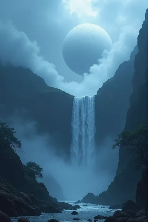 A mystical landscape featuring a dramatic waterfall cascading into a deep, misty abyss. The scene is shrouded in a blue-tinged fog, with dark, towering mountains in the background. A large, dome-like structure shiva ling is faintly visible above the clouds...