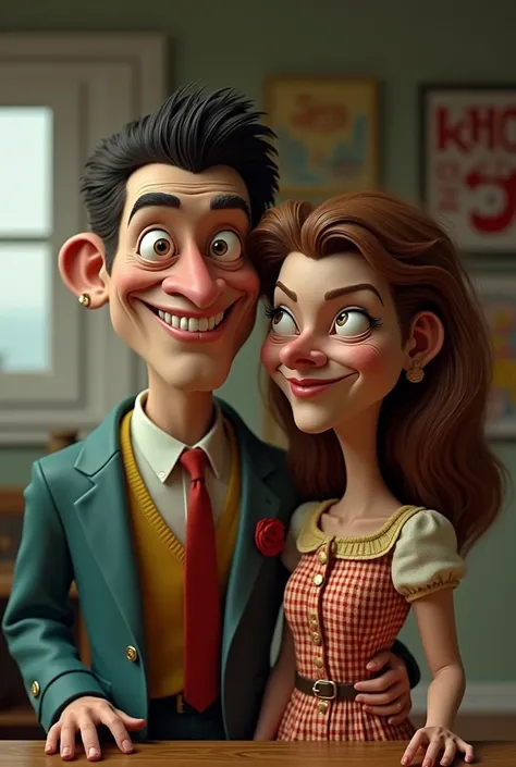 make ,a realistic full body shot,exagerrated ,caricature ,a creepy couple ,,looking at the viewer,with nice smile, This masterpiece captures the essence of the era, radiating nostalgia and vintage charm.,simple background.high detail,3d render,retro  funky...