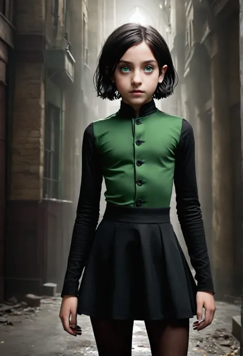 ((((dramatic))), (((gritty))), (((intense))) film poster featuring a young  Severus snapes daughter, short hair, green eyes,Solo, 11 yo girl, as the central character. She stands confidently in the center of the poster, wearing a stylish and edgy outfit, w...