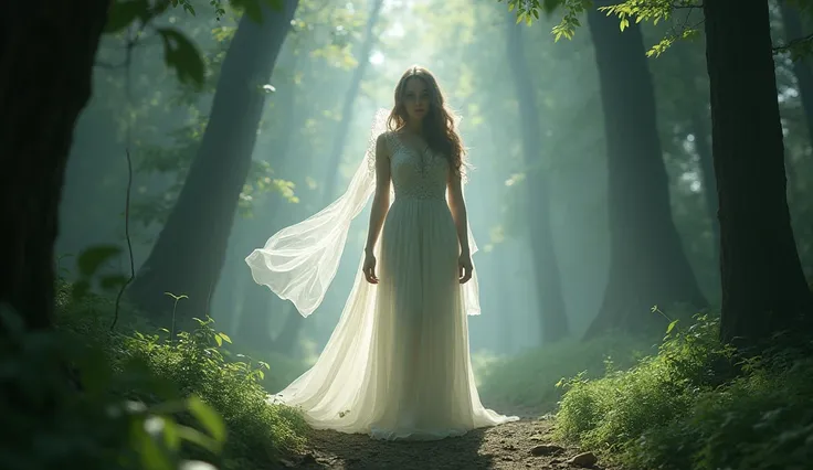 Arabian style image of a woman in a white dress standing in the forest, a stunning young mysterious figure, Fairy CG Association, mysterious angelic being of light, A shining angelic presence, mysterious!!!, Beautiful depiction, Be enchanted by the spirits...