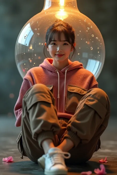 A stunning realistic real picture of a beautiful Korean woman with smooth, clean white skin., perfectly groomed face. Hair tied up in a bun with bangs,  wearing a dark pink knitted hoodie  , brown jumpsuit pants with lots of pockets knee length ,white shoe...