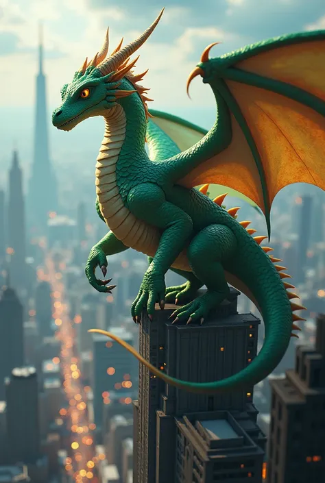 giant baby dragon sitting on a city.