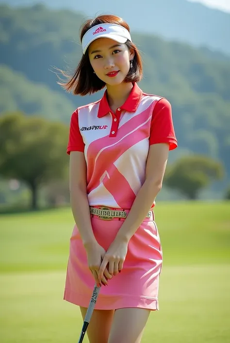 golf shirt with a dark red and white pacificlinks logo lines patterns, ((basic round-neck t-shirt with short sleeves)), highest quality, 8k, Full Body Photography, sharp focus, high quality photos, high resolution, 30 year old beautiful korean woman, brigh...