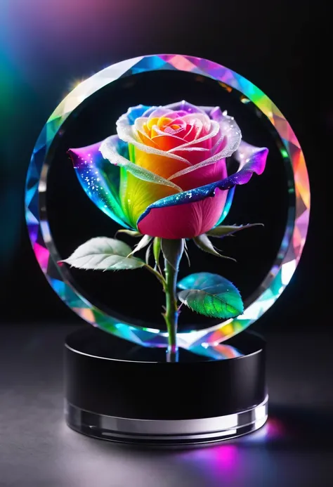 
A transparent circular crystal placed on a chic, light black base。A rose in a crystal。The rose emits a beautiful rainbow of light and seems alive.。High resolution, Background Blur、Crystal up、Artistic, fluorescence, 