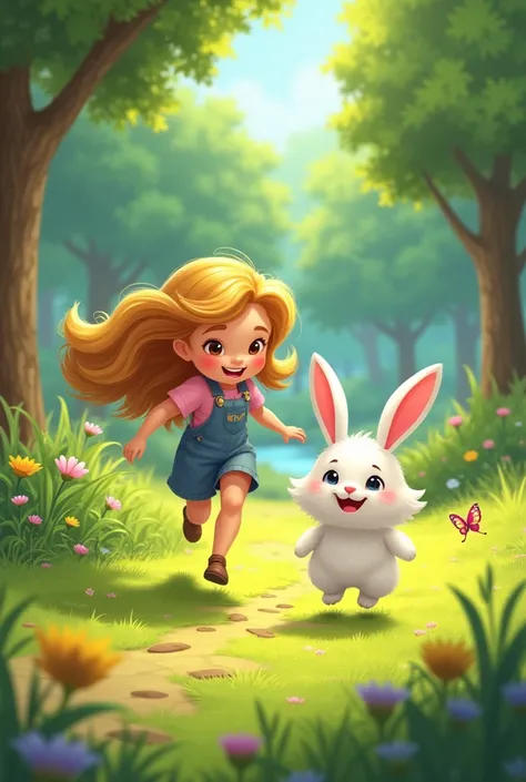 A girl and her rabbit playing in the park 