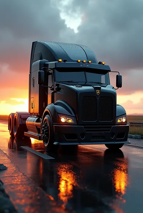 high quality image, High Definition, realistic photo) SIDE VIEW OF a JAC type tractor truck
, with the characteristics of a lamborghini, powerful. The truck is dark AND BLACK, big grill, with the acronym "JAC" on the grill, ON THE ROAD, sunlight reflecting...