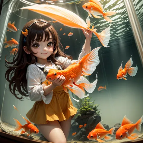 ​masterpiece、top-quality、ultra-detailliert、(chibi character goldfish girl:1.2)、A brown-haired、A large goldfish、inside the glass tank、A smile、full body Esbian、hair swaying on the water surface