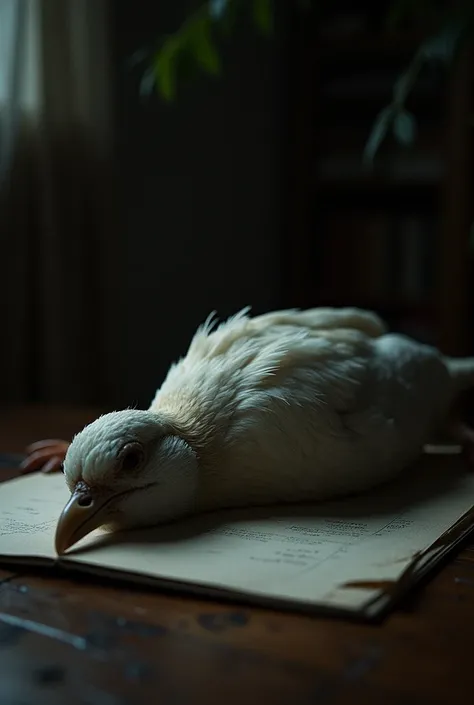 (close-up, editorial photograph of [[a dead bird, (masterpiece:1.2), wide angle photo]], (background inside dark, moody, private study:1.3), full body portrait, by lee jeffries, nikon d850, film stock photograph, 4 kodak portra 400, camera f1.6 lens, rich ...