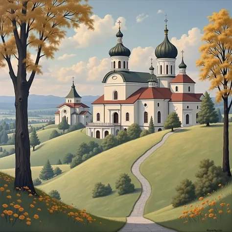 Create a picture that consists of elements that are common of Pavel Korins works. The painting must only have a landscape with buildings, no people. The style is monumental. Make it as similar to Pavel Korins paintings as possible.