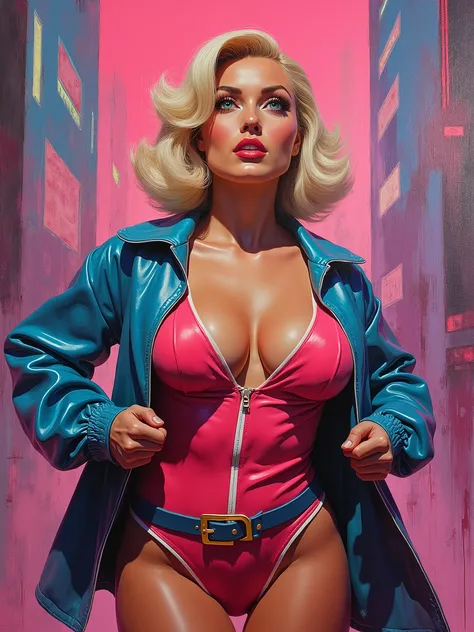 Oil paint, brushes strokes. 1980s, 1girl âge 23, , siouxsie,blonde (kim wilde:0.5, Debbie Harry :0.8) cyberpunk, pastels, dynamic, 80s barbie clothes, 80s movie poster art style. She says “oh no!”. Full lips. Epic cleavage (100e breast).