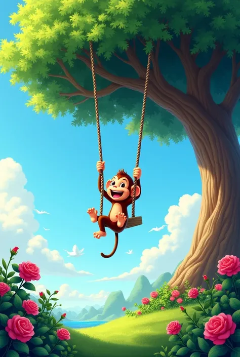 There is a beautiful scene in which the full beauty of nature is scattered. A huge tree stands in all its grandeur, in whose green shade a swing is hanging. A happy monkey is swinging on this swing, who is jumping and frolicking happily. The sky is blue an...