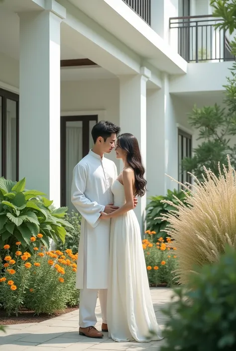 A 2 Pakistani sexy girl wearing white sexy dress. A 1 cute korean boy wearing white shalwar kameez .they are romantic .The are standing in balcony of a big white color house. Their are green trees , flowers and and birds around house 