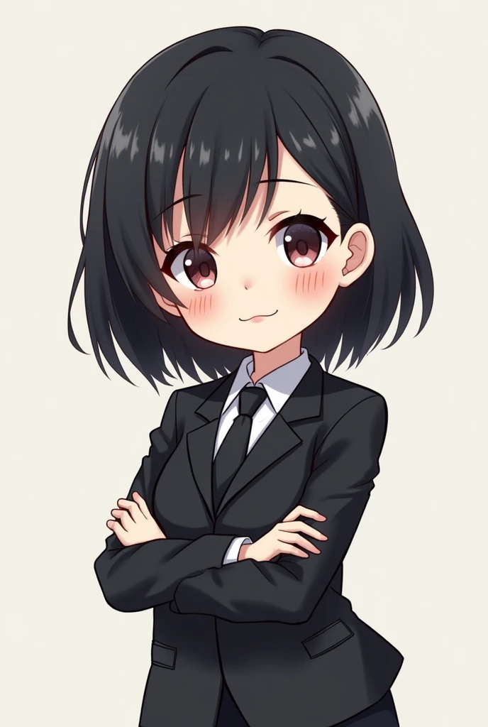 a Chibi-style female character with medium black hair and a black suit looking forward