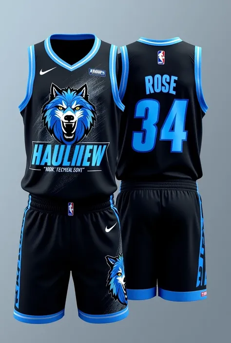 Black basketball shirt with blue writing amax and a wolf on the logo and on the back the name rose 34