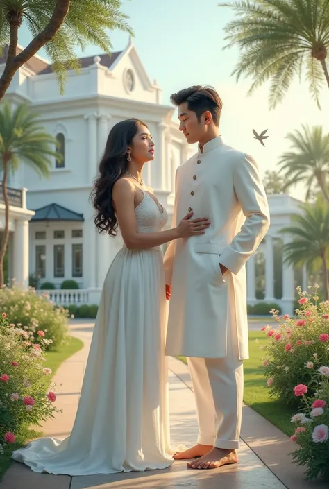 A 2 Pakistani sexy girl wearing white sexy dress. She has big boobs. A 1 cute korean boy wearing white shalwar kameez .they are romantic .The are standing in balcony of a big white color house. Their are green trees , flowers and and birds around house . T...