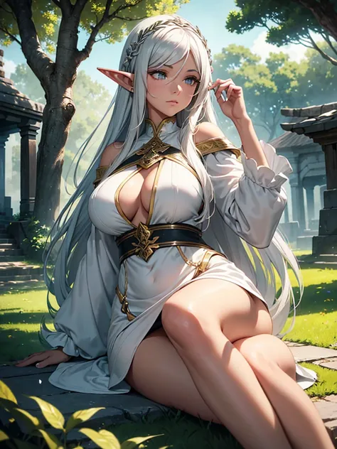 a beautiful elven woman, long white silver hair, tanned skin, pointed ears, white eyebrows, curvy body, wearing a low-cut long-sleeved white blouse and short black skirt, barefoot, reclining next to a tree sleeping, in a green garden full of flowers, on th...