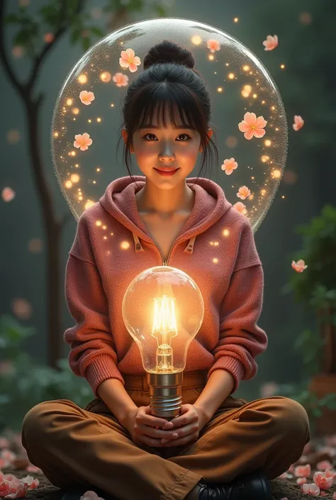 A stunningly realistic depiction of a light bulb,, Inside the light bulb shows a beautiful Korean woman with smooth, clean white skin, perfectly groomed face. Hair tied up in a bun with bangs,  wearing a dark pink knitted hoodie  , brown jumpsuit pants wit...