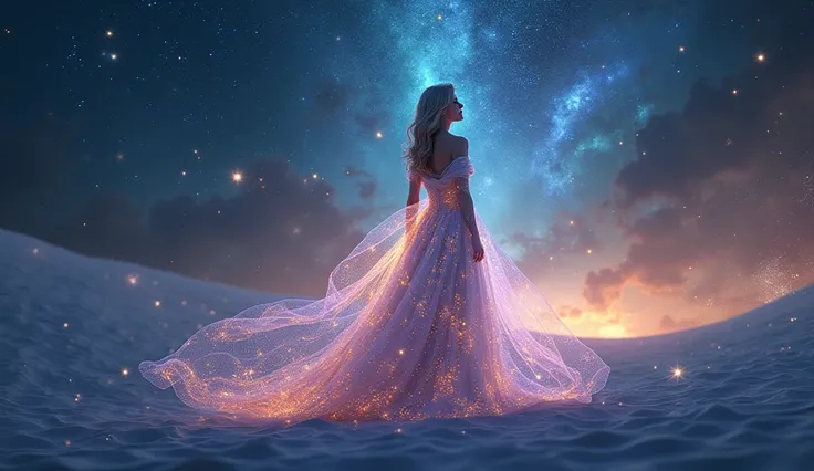 Create an image where the person is on another planet or in space, The stars and galaxies shine all around her. The dress resembles an astronomical phenomenon, With colors and patterns reminiscent of starbursts.