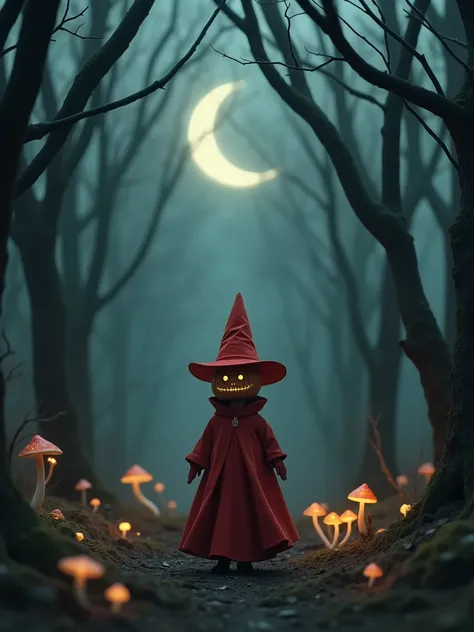 This image shows a mysterious, whimsical scene set in a dark, enchanted forest. A small figure stands at the center, resembling a child or a doll, with a pumpkin-like face, round black eyes, and a stitched mouth. The figure is dressed in a flowing red cloa...