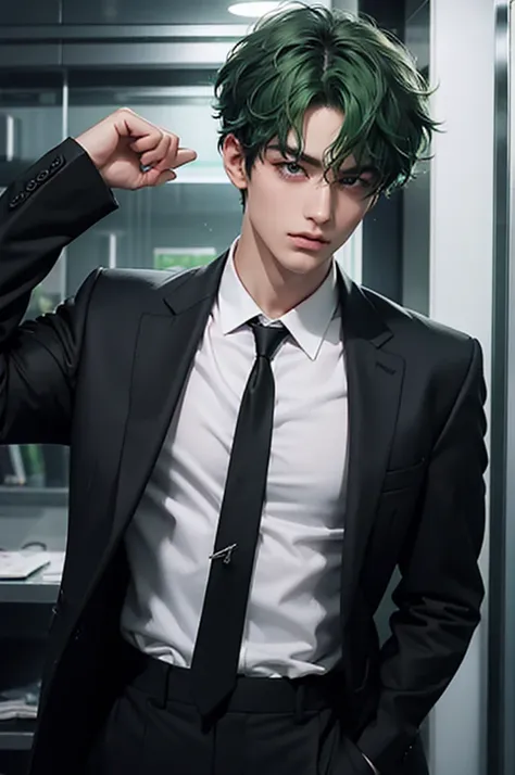 Green Hair　Perm　Black Suit　White skin　Short Hair　man　