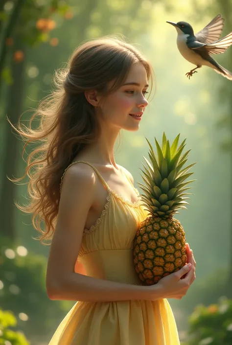 A beautiful girl was carrying a small pineapple and bird flying.