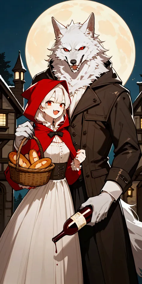 score_9, score_8_up, score_7_up, score_6_up, score_5_up, score_4_up,source_anime, source_furry,rating_safe, 1girl(red hood, basket(wine bottle and bread),) AND 1man((werewolf:1.3),(white:1.3) fur, beautiful,(evil:1.3) smile, fang,(wearing fur),mad,white f...