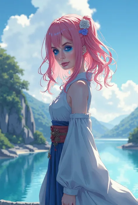 masterpiece, Best Quality,lacus-bk, 1 girl, Alone, by the wide, pink hair, very by the wide, blue eyes, hair ornament, japanese clothes, separate sleeves