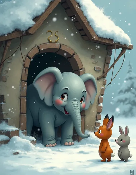 Elephant is little small trying to enter to the house champa the fox and rabbit standing aside and house is breaking around the snow