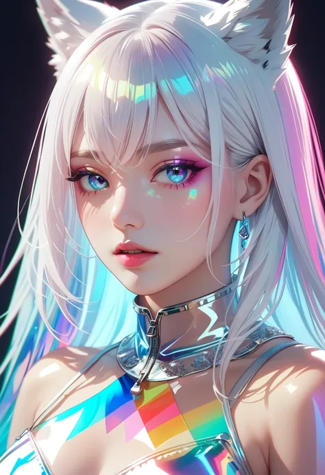 (masterpiece, Highest quality:1.2),  A girl incarnated as a white wolf, Detailed face, Detailed skin, Detailed eyes, Detailed lips, Transparent Vinyl Clothing, Transparent PVC clothing, chromaticaberration, Prismatic, Holographic, 