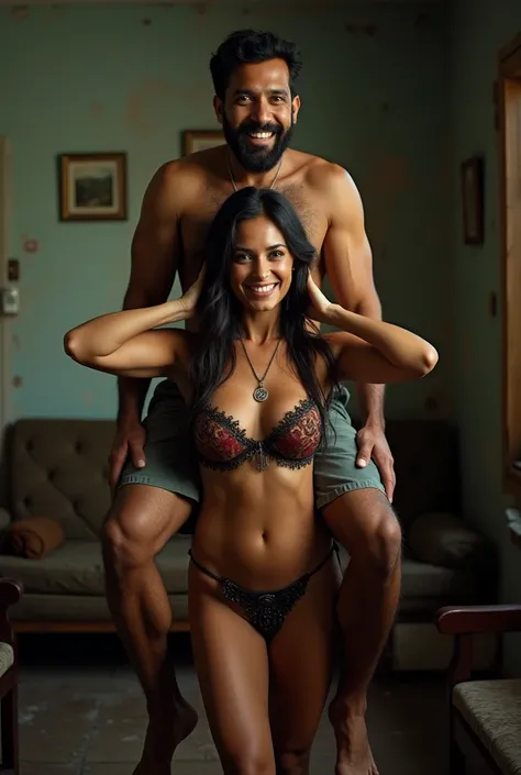 Create a realistic photograph of a smiling and beautiful Spanish red light area woman carrying a large stout indian man on her shoulder , in a private dirty room, man is sitting on top of her shoulder, man on top, woman standing at bottom 