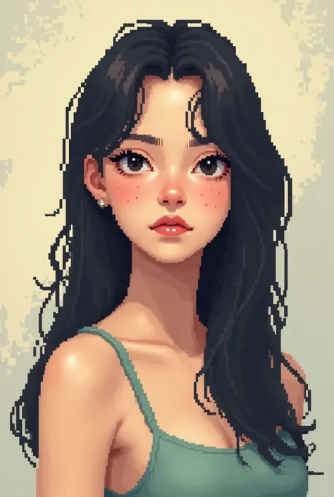 Generate me a pixsart style image of a skinny girl with small eyes, with black hair down to below the shoulders and with freckles on the face 