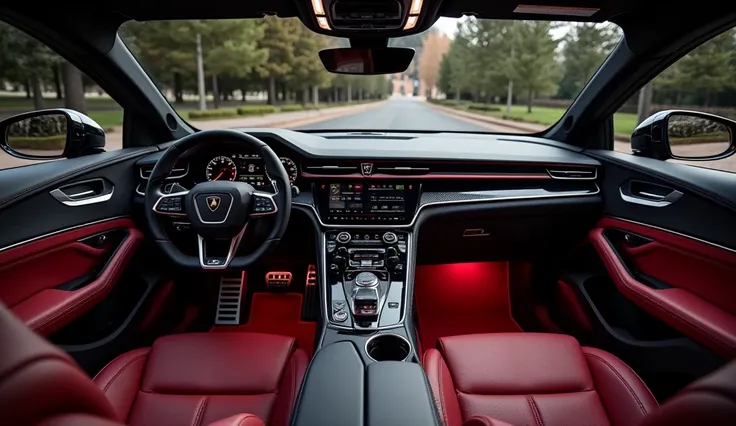 "Interior of a Lamborghini Urus SUV with rich maroon leather seats and black leather trim, leather interior, highly detailed interior, reflecting the Lamborghini Urus ambiance, high-end, luxurious, with many exotic high-end features. The interior is opulen...