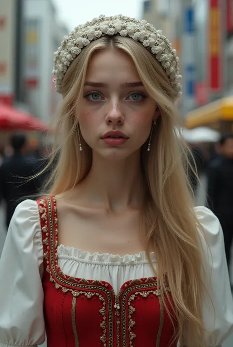 sobbing, cry, ingPhotographic, superrealism , extreme close-up, Front view, standing pose, standing road in street, in Ginza of Tokyo, 2024 years, Beautiful Russian White girl, she is 18-age, ( blond hair, middle hair, small lip),(wearing traditional ethni...