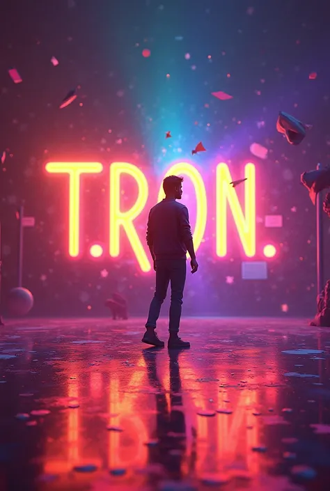 A mesmerizing, hyper-realistic 16K 3D illustration captures a magical moment of pure creativity. In a fantasy place a giant message is outlined in front, "t.r.O.n.", In a wall. El texto está compuesto de Vibrants Estrellas de color sepia que transitan suav...