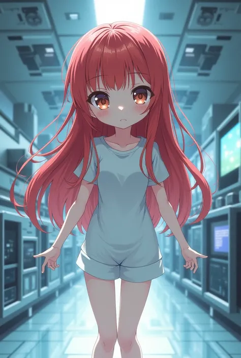 Cute anime girl, long red hair, in sc-fi lab, getting experimented, in patient clothes