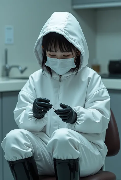 Little beautiful korean girl dentist, dressed in a white medical suit, black knee high boots, black gloves, full face protective glass breathing mask, with the jumpsuit hood on, all parts of the body are completely covered, holds tools in hands