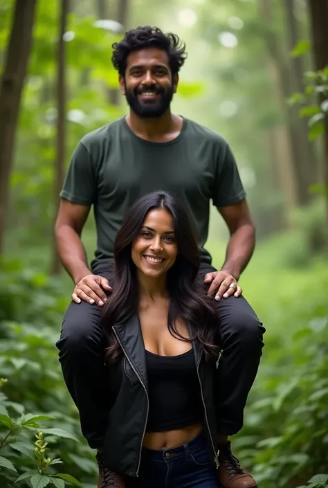 Create a realistic photograph of a smiling and beautiful sexy french brunette woman in black jacket carrying a tshirt wearing large stout indian man on her shoulder , in a green forest, man is sitting on top of her shoulder, man on top, woman standing at b...