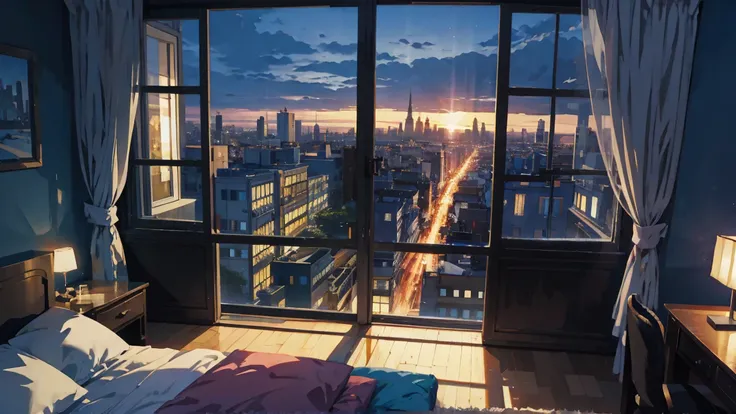 Illustration in cartoon style、Solid Paint、Room with large windows overlooking the city at night, the window is closed