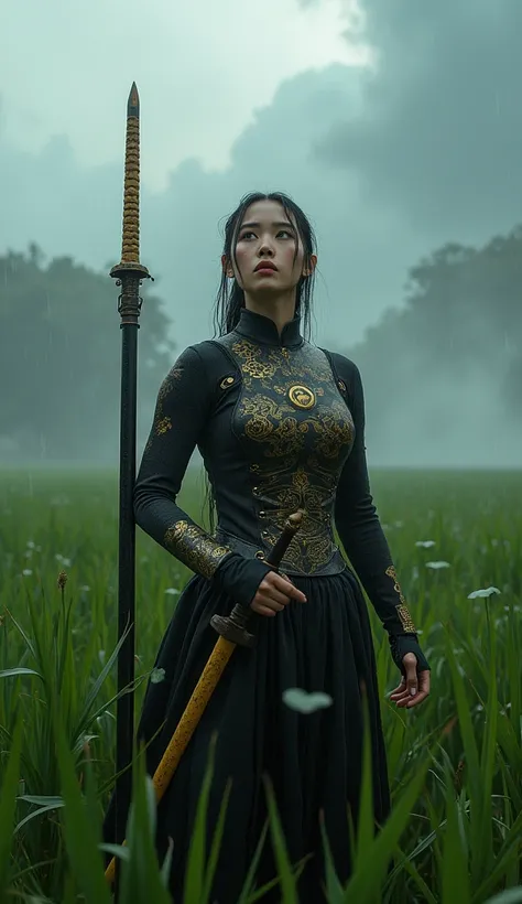 A so beautiful sexy woman of Thai-Chinese descent standing in a high grass field, holding a long spear and a samurai sword, wearing an original high-level samurai armor with gold patterns on a black background, surrounded by flowing hologram water lines, w...