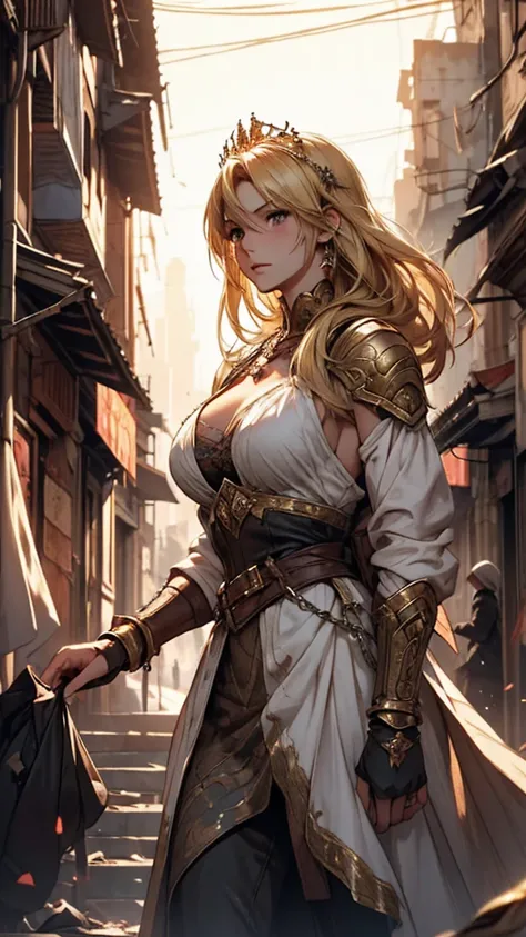 An captive slave queen walks through a destroyed medieval city street. Her hands are tied with ropes at back. Her gauche strides catching the attention babarian enemies  and her emotional expression describe the dimmer condition . Dressed in a cleavage rip...