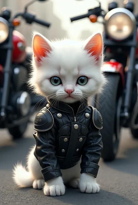 Cute white kitten　Bakusozoku　Wear your special attack uniform.（black）There are several motorcycles lined up in the background