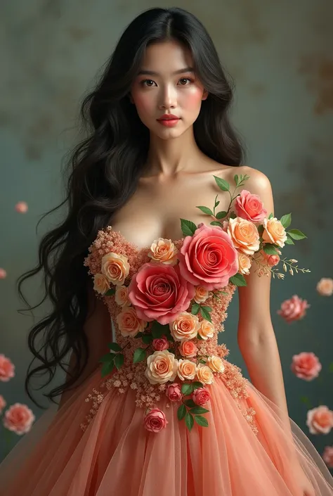 Full body portrait of a beautiful Indonesian woman with hyperrealistic long flowing hair and stunning chest covered in large flowers to arms covered in roses all showing her extraordinary beauty., wearing a unique and intricate dress shaped like a large, v...