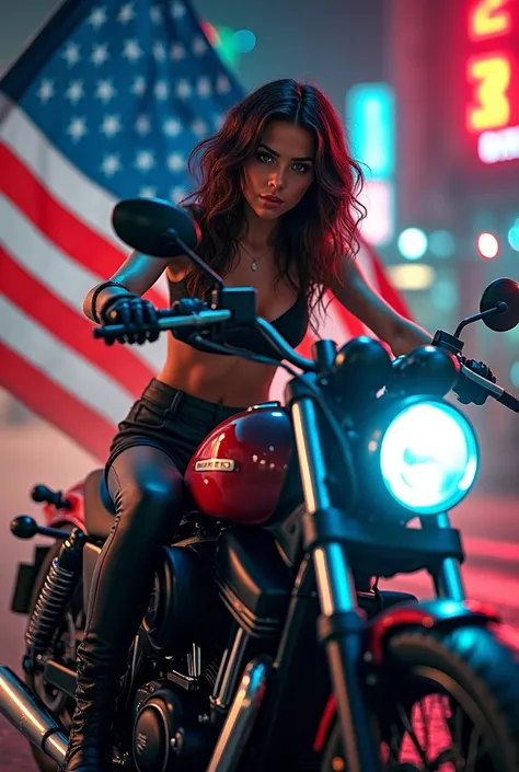 Beautiful Cyberpunk American girl riding motor bike bike have American flag paint and girl hands American flag 