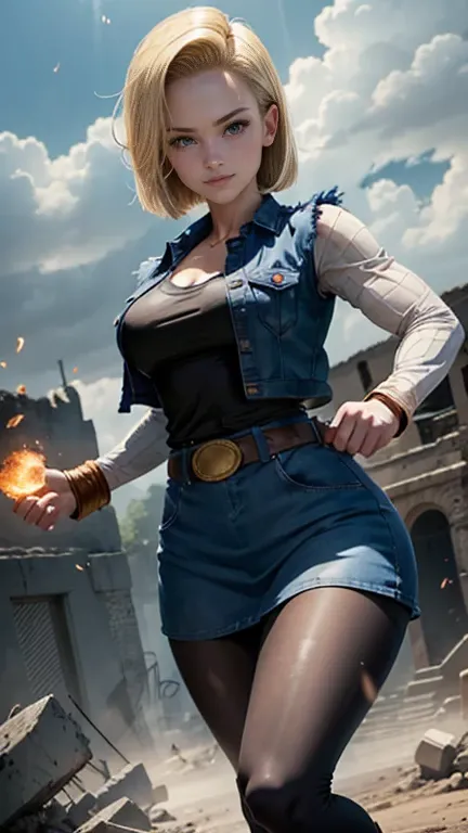 Android 18 da Dragon Ball Z,(best qualityer,4K,8k,high resolution,work of art:1.2)(weather: cloudy),battle ruins background, black shirt, striped sleeves, denim vest, denim skirt, pantyhose, brown boots, belt,short hair,ultra detailed,realisitic,portraite,...