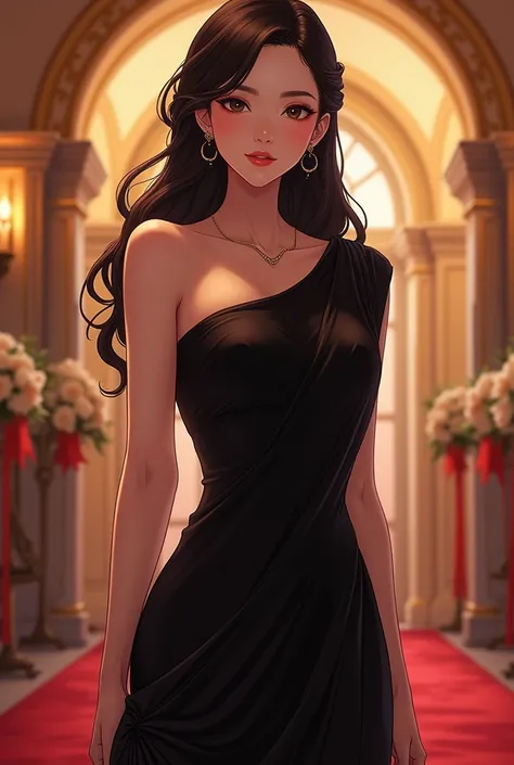 Japanese girl, dark brown hair, wearing one shoulder black dress, one shoulder on the left shoulder, in a wedding, with wavy long hair side swept and parted on the right, small earrings, and makeup, big breasts, sexy, full body, anime, exposed chest, big b...