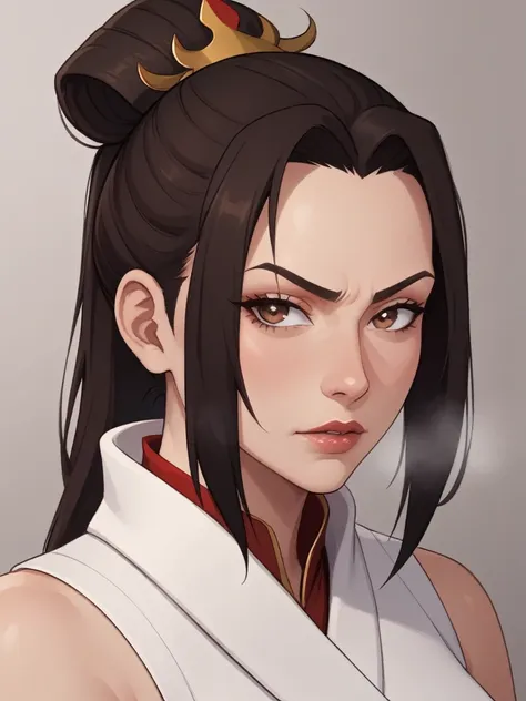 Azula. dark brown hair. cold brown eyes,long hair.Topknot Ponytail, 