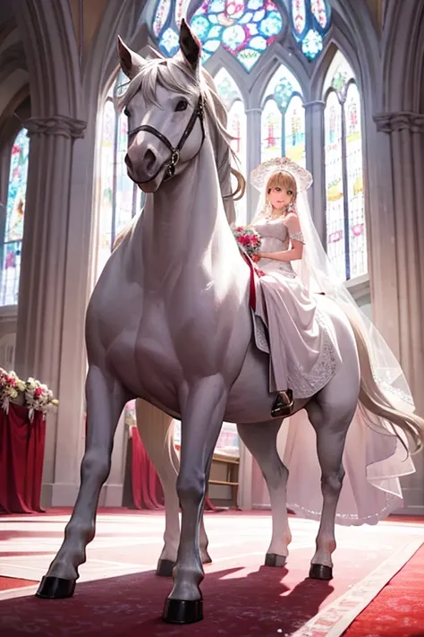 White horse wearing a wedding dress at church　Pure white horse in a pink wedding dress in church　There&#39;s a wedding cake in front of me　Pure white horse　Horse wearing a wedding dress　Horses alone　The horse is the main character　　Horses only　Horse face c...