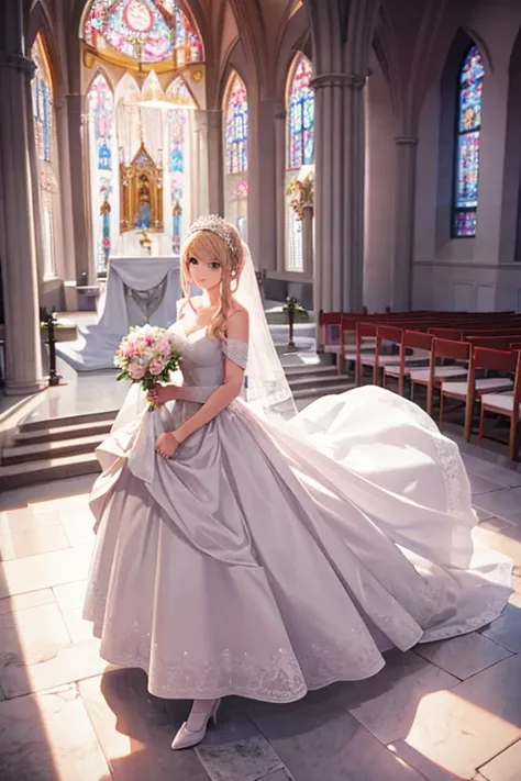 White horse wearing a wedding dress at church　Pure white horse in a pink wedding dress in church　There&#39;s a wedding cake in front of me　Pure white horse　Horse wearing a wedding dress　Horses alone　The horse is the main character　　Horses only　Horse face c...